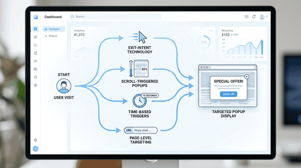 Workflow diagram showing advanced popup targeting triggers like exit-intent, scroll, time, and page-level.