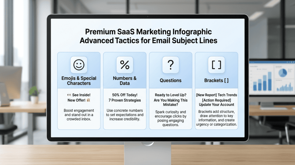 Infographic on advanced tactics like emojis, numbers, and brackets for email subject lines.