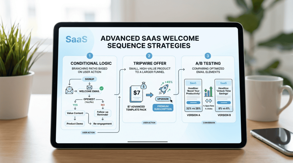 Infographic detailing advanced welcome sequence strategies: conditional logic, tripwire offers, and A/B testing for higher engagement.