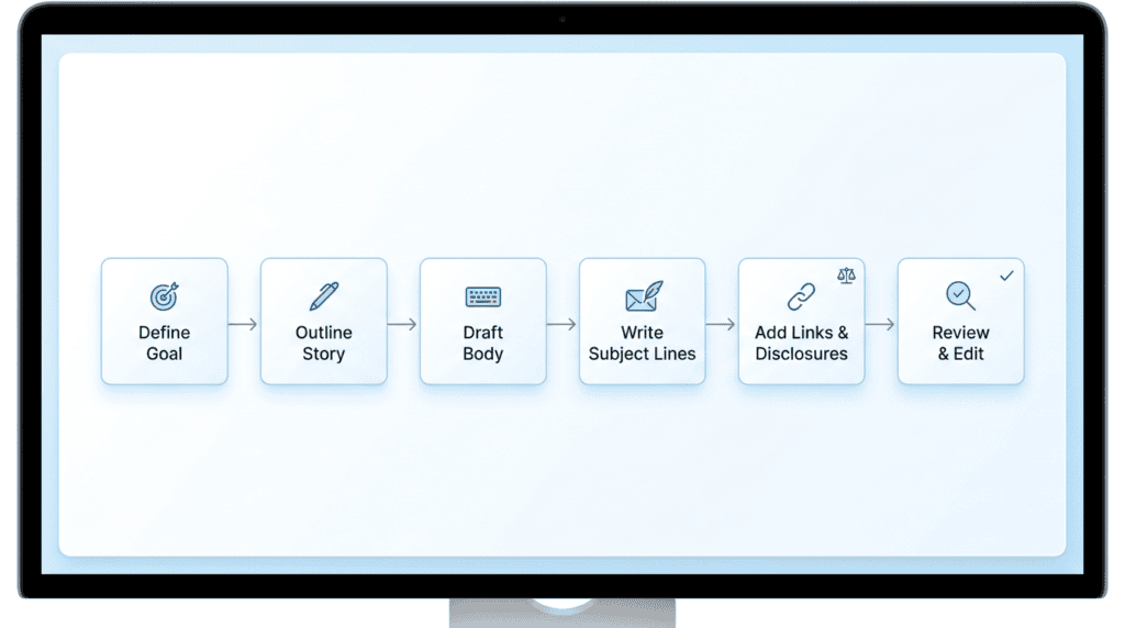 Workflow diagram showing the step-by-step process for writing affiliate product reviews in emails.
