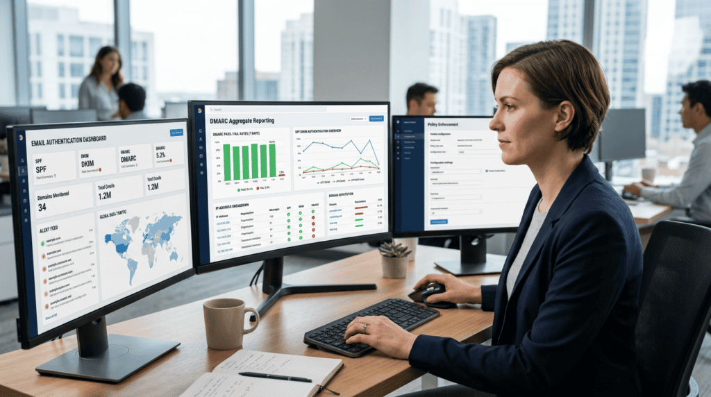 Professional analyst reviewing DMARC reports on a multi-monitor setup to understand spf dkim dmarc explained data.
