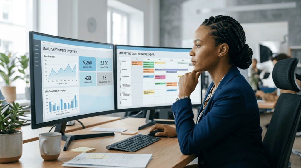 Marketing professional analyzing email marketing campaign performance data on a multi-monitor setup.