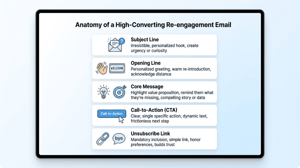 Infographic detailing the anatomy of a high-converting re-engagement email with its key components.