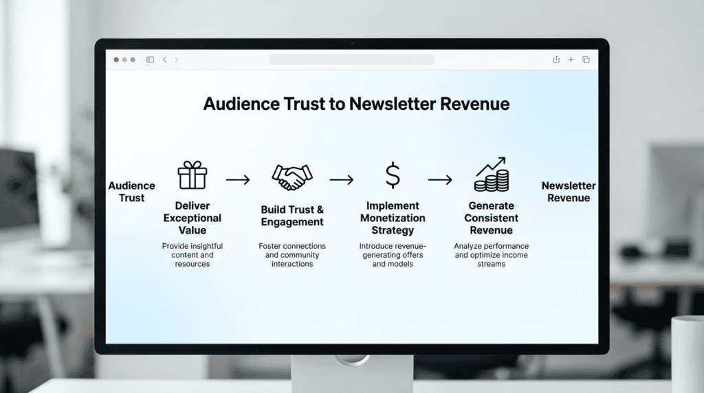 Workflow diagram showing the process from building audience trust to generating newsletter revenue.