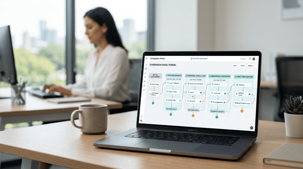 Laptop screen showing an evergreen email funnel diagram for automated sales and consistent revenue generation.