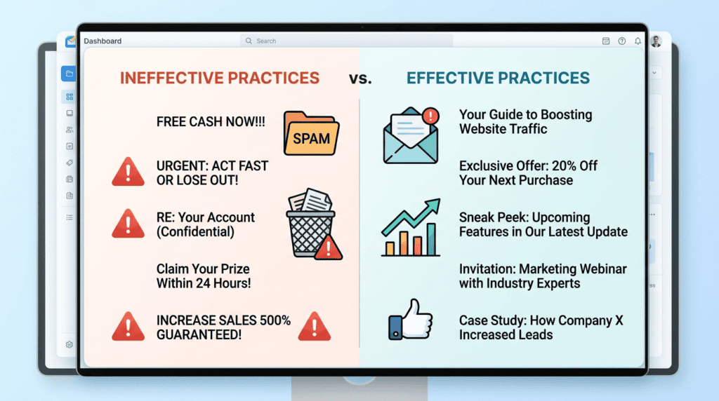 Comparison of effective versus ineffective email subject lines, highlighting spam triggers.