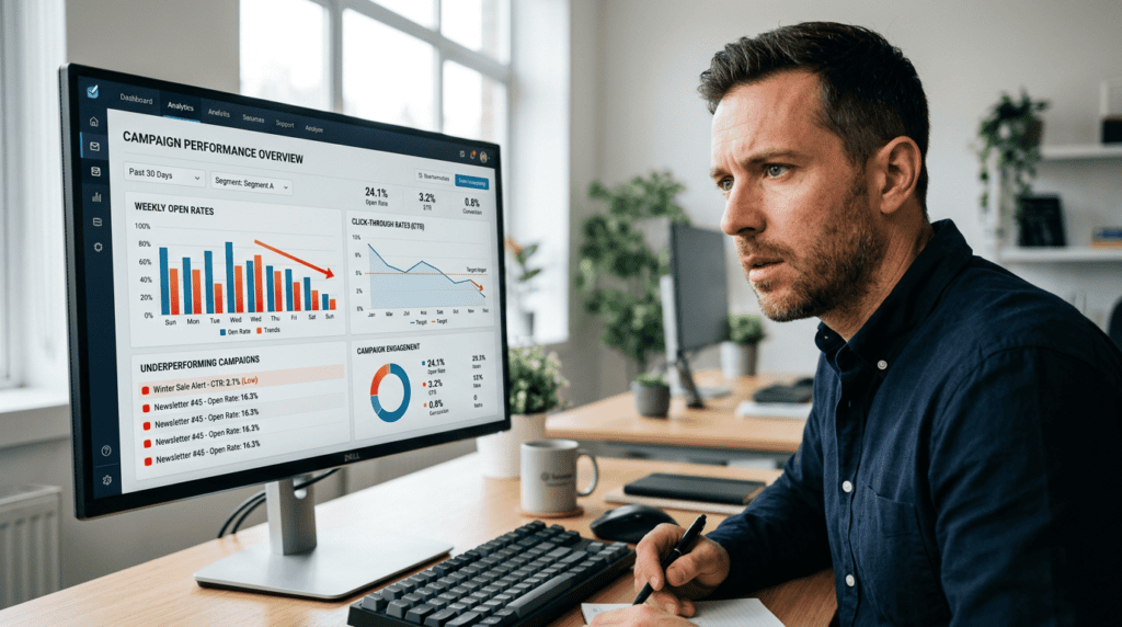 Marketer analyzing email analytics on a desktop, identifying common mistakes in storytelling for email marketing.