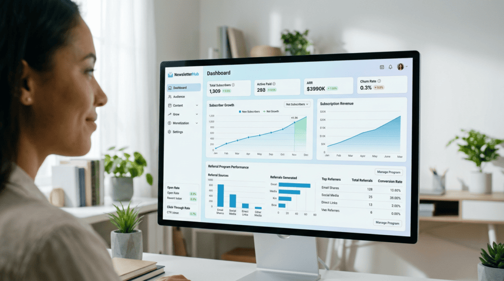 Creator viewing beehiiv dashboard with subscriber growth charts and referral program analytics.