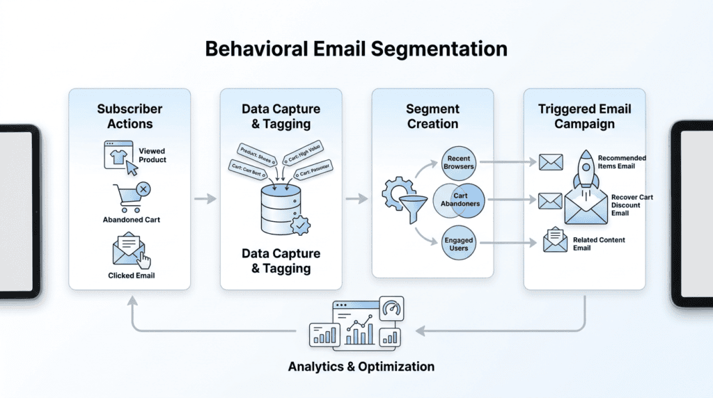 Workflow diagram showing behavioral email segmentation from subscriber actions to triggered campaigns.