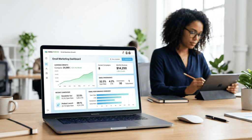 Professional workspace with a laptop displaying  best email marketing platforms dashboard, symbolizing audience growth for small businesses.