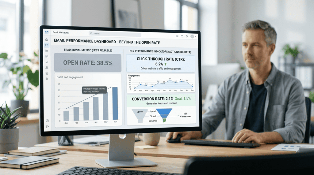 Comparison visual of email marketing metrics, emphasizing CTR and conversion rate over open rate.