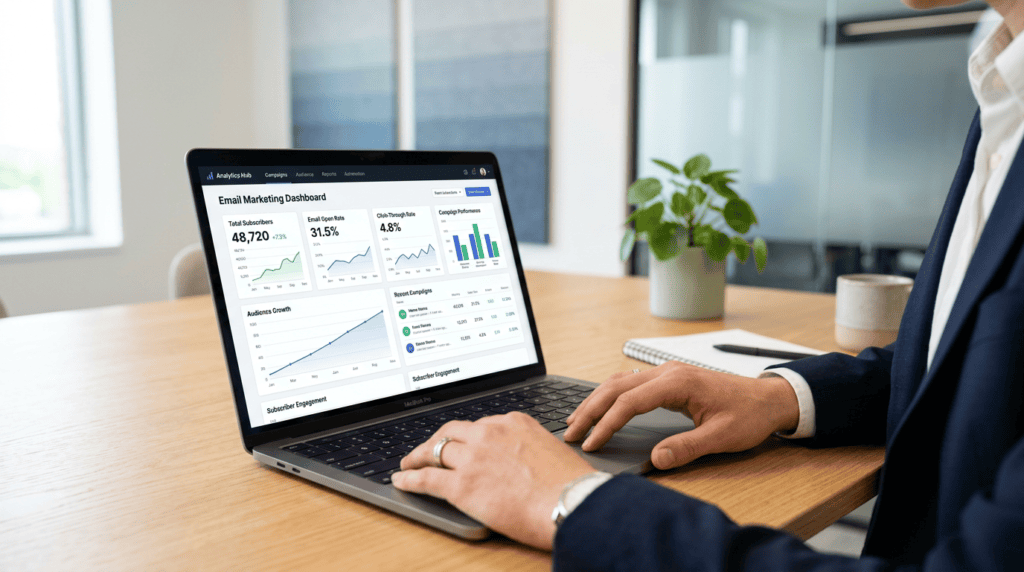 Professional workspace with laptop showing email marketing dashboard for affiliate success.