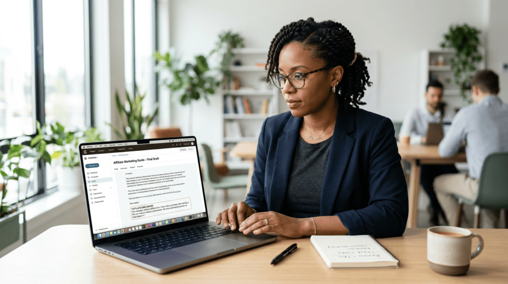 Professional marketer reviewing an email draft with an affiliate disclosure, emphasizing authenticity and trust.