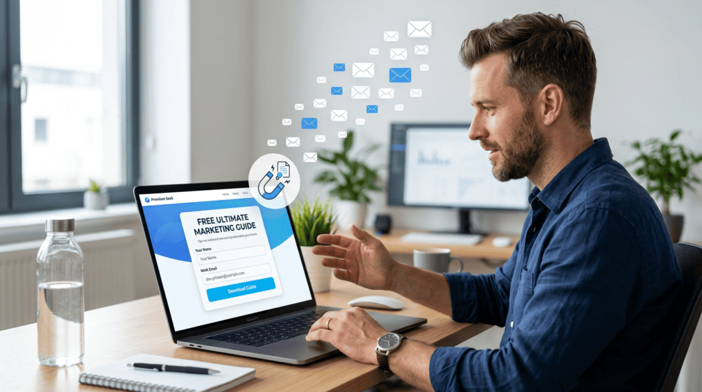 Marketer building an email list using an opt-in form and lead magnet on a laptop, emphasizing permission-based acquisition.