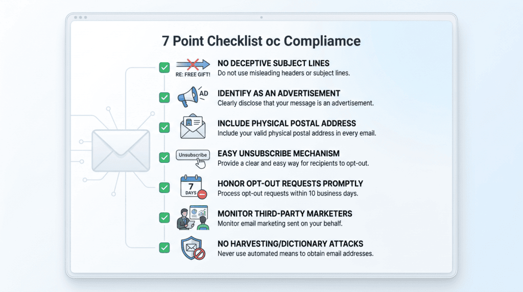 Infographic checklist for CAN-SPAM Act compliance, detailing 7 essential email marketing regulations.