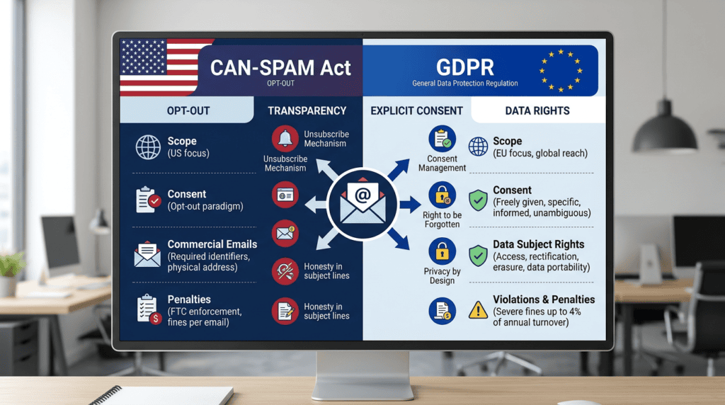 Comparison infographic highlighting key differences between CAN-SPAM Act and GDPR for email marketing regulations.