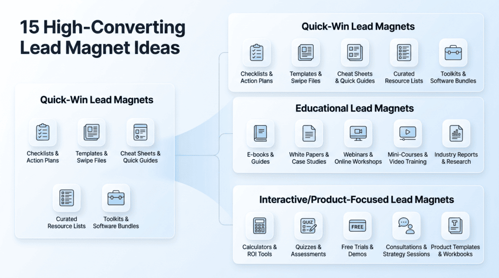 Infographic categorizing 15 high-converting lead magnet ideas into quick-win, educational, and interactive types.