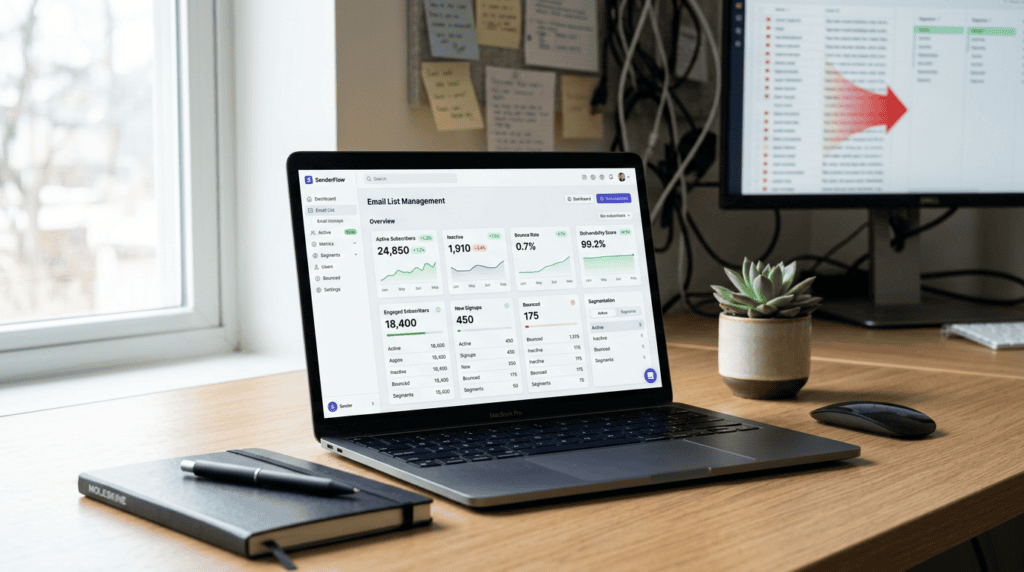 Laptop displaying a clean email list dashboard, symbolizing effective subscriber hygiene and email marketing optimization.