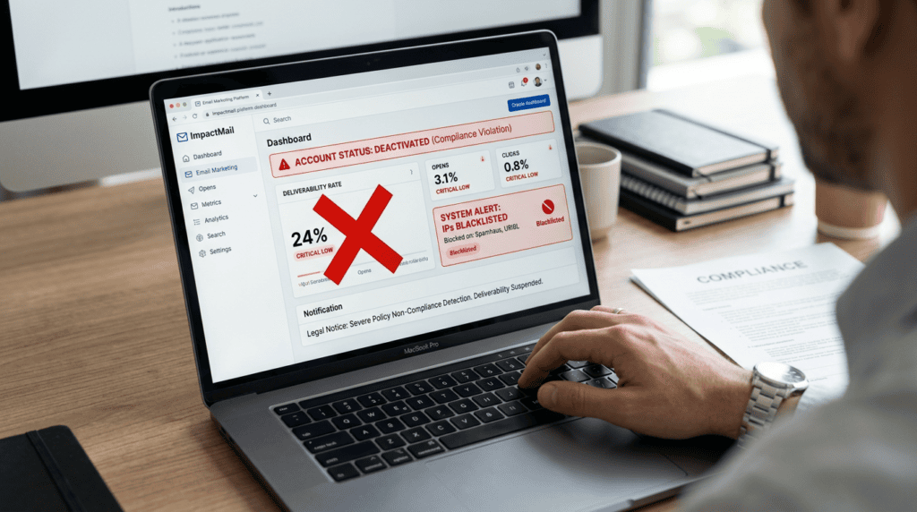 Email marketing dashboard showing blacklisted status and low deliverability, illustrating consequences of non-compliance with email marketing regulations.