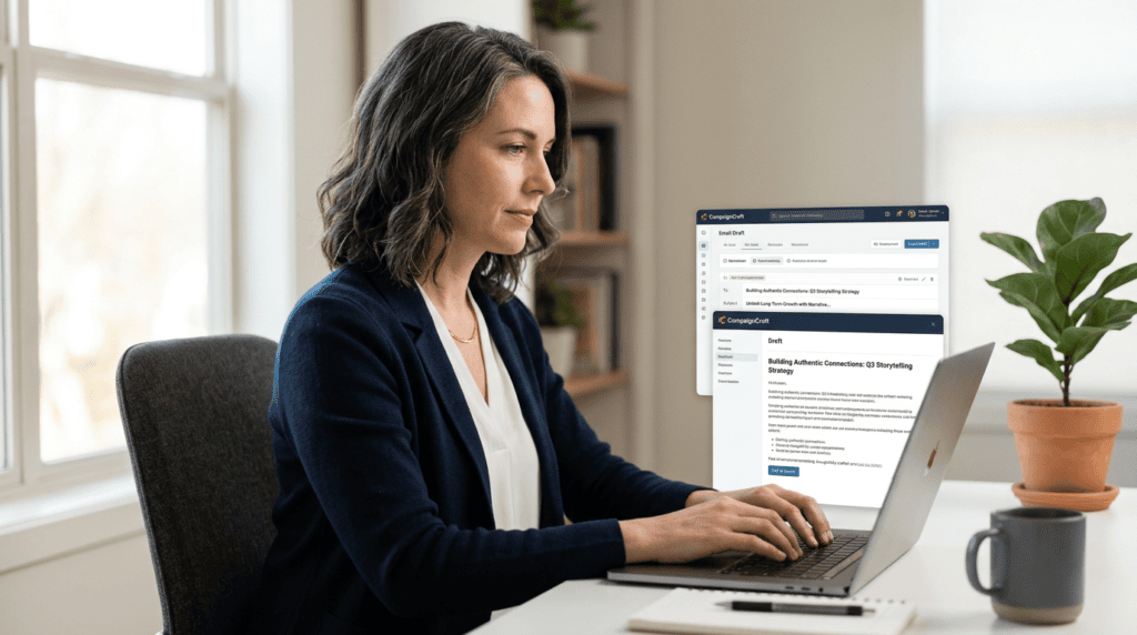 Content strategist thoughtfully reviewing an email draft, emphasizing consistent storytelling in email marketing.