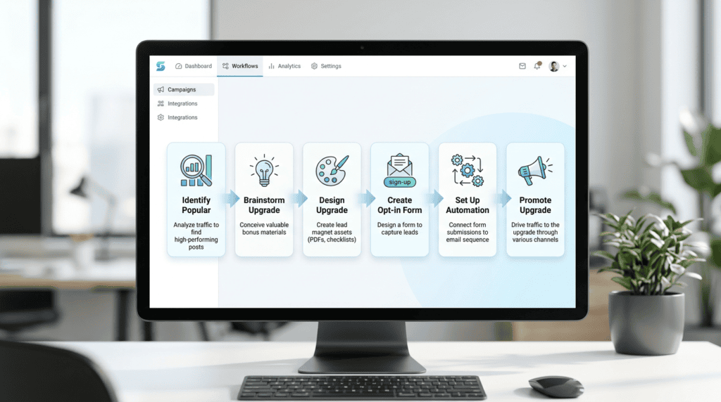 Workflow diagram showing the step-by-step process to create and implement content upgrades.