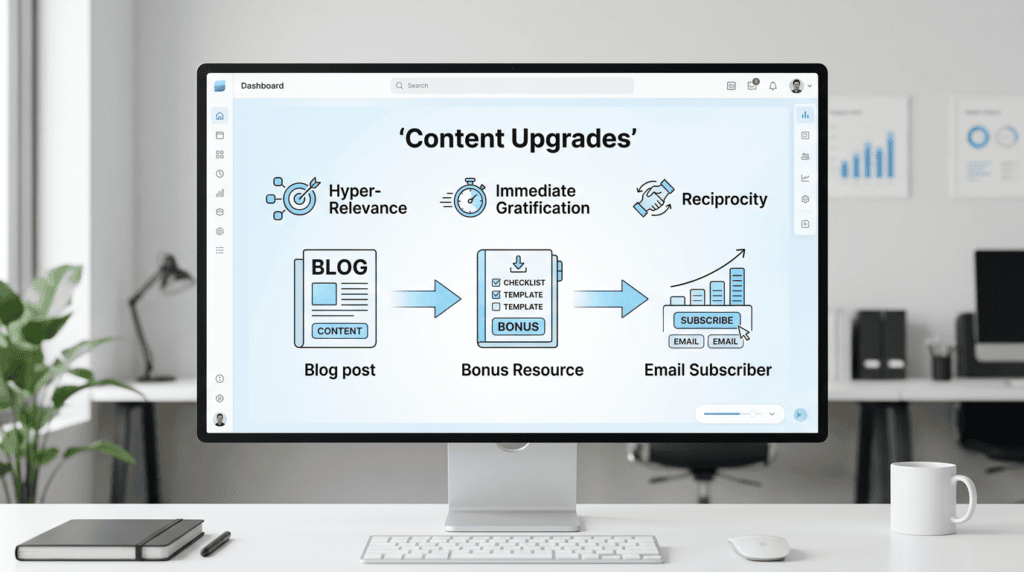 Infographic explaining content upgrades, showing how blog posts lead to bonus resources and email subscribers.