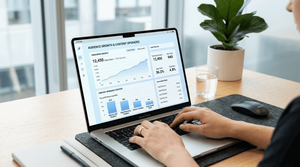 Laptop displaying an email marketing dashboard with subscriber growth metrics, representing content upgrades strategy.