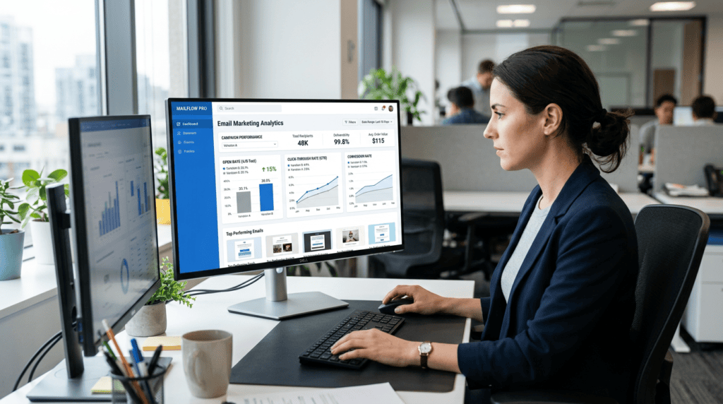 Marketing analyst reviewing A/B testing emails results for continuous improvement.