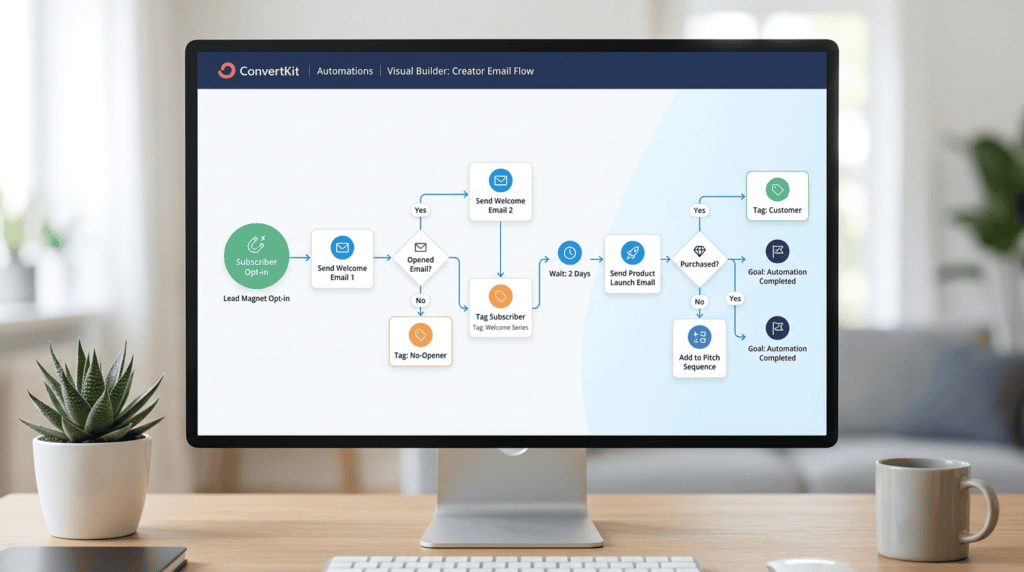 ConvertKit visual automation builder diagram showing a creator's email marketing workflow from lead magnet to product launch.