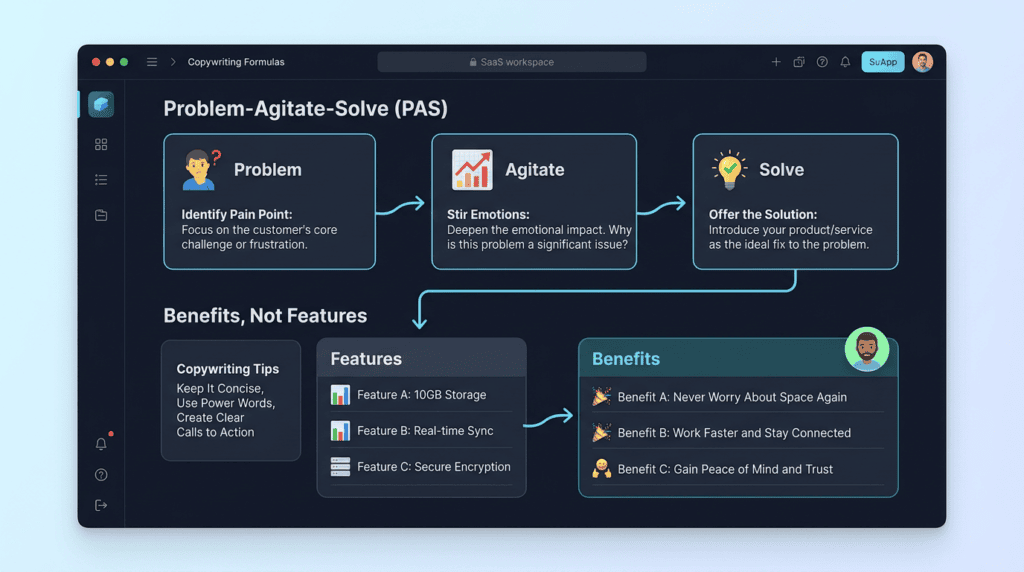 Diagram showing Problem-Agitate-Solve copywriting and benefits over features for landing pages.