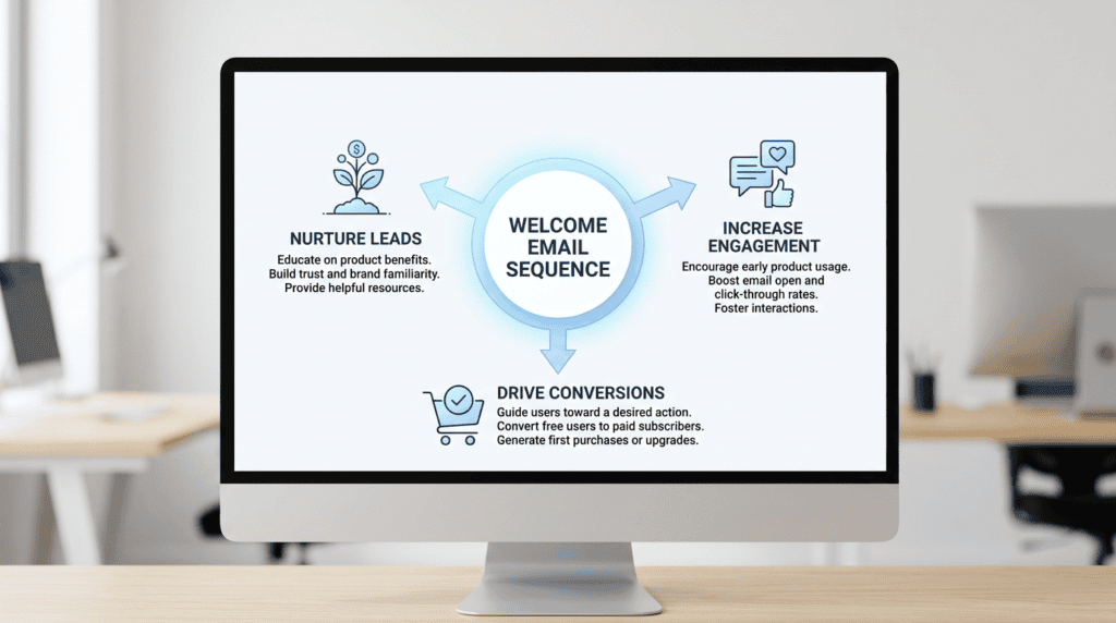 Infographic showing the core goals of a welcome email sequence: nurturing leads, increasing engagement, and driving conversions.