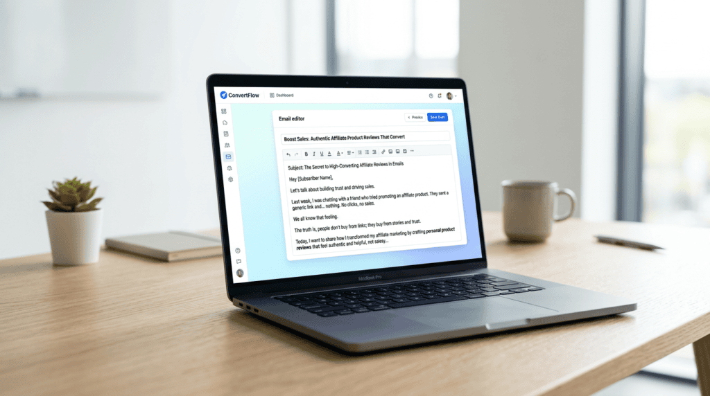 Laptop displaying an email draft for affiliate product reviews, highlighting a compelling subject line and personal hook.