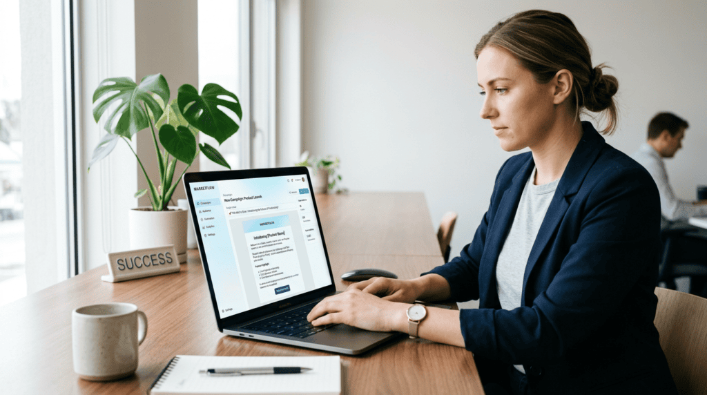 Professional marketer crafting high-converting email copywriting templates for a product launch on a laptop.