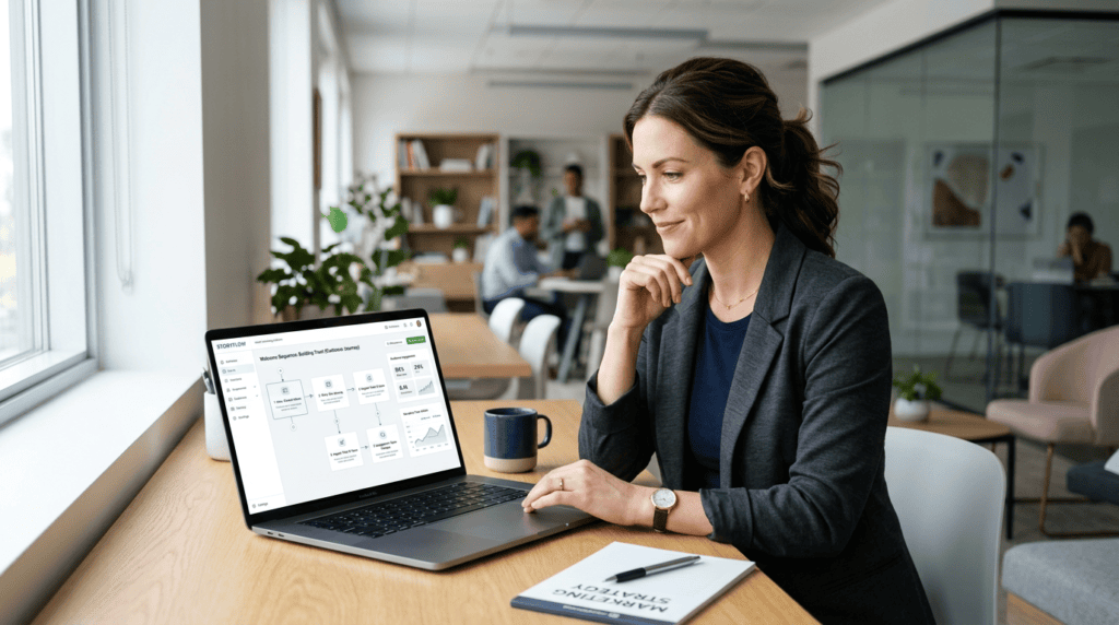 Professional marketer crafting an email campaign on a laptop, visualizing storytelling in email marketing to build trust.