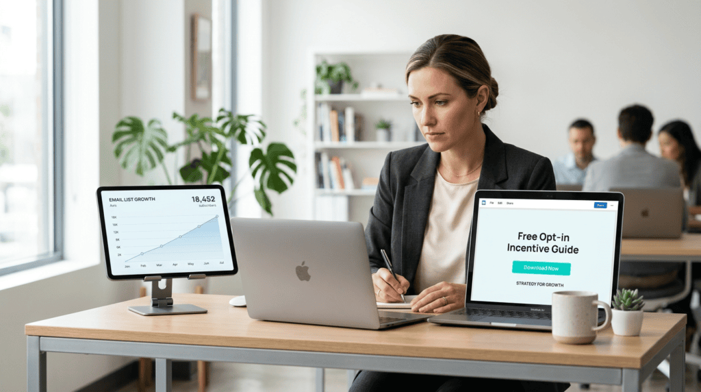 Professional woman creating a free opt-in incentive on laptop, showing email list growth on tablet.