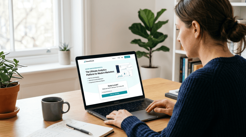 Professional marketer showing how to create a landing page for email signups on a laptop.