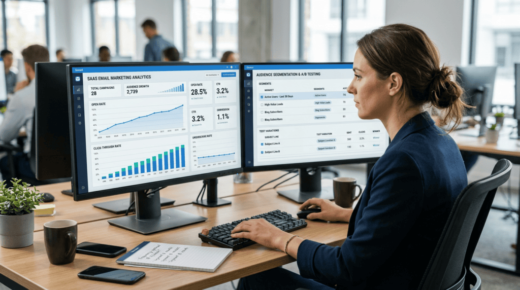 Marketer analyzing email analytics on a multi-monitor setup, emphasizing data-driven frequency testing.
