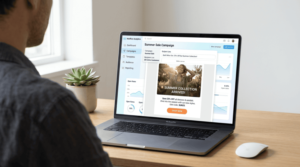 Email marketing dashboard showing a promotional campaign being designed with a clear call-to-action.