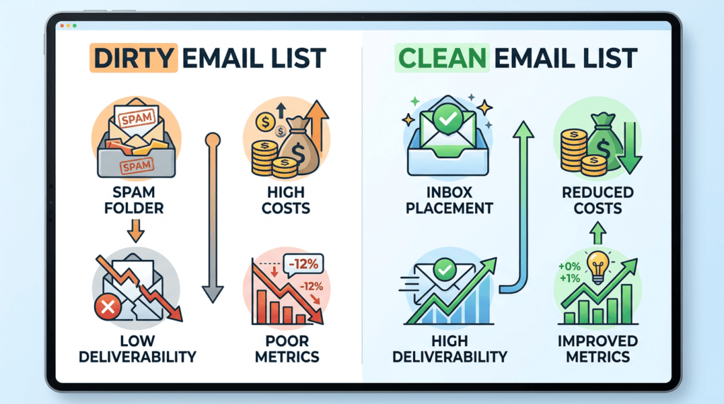 Infographic comparing a dirty email list leading to spam and high costs versus a clean list for better deliverability and ROI.
