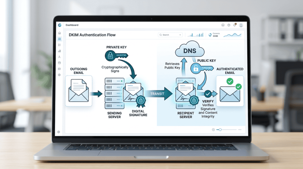 Process diagram explaining how DKIM signature verification works for email content integrity.