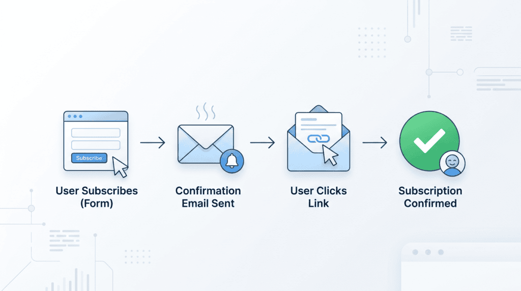 Workflow diagram explaining the double opt-in process for email subscriptions.