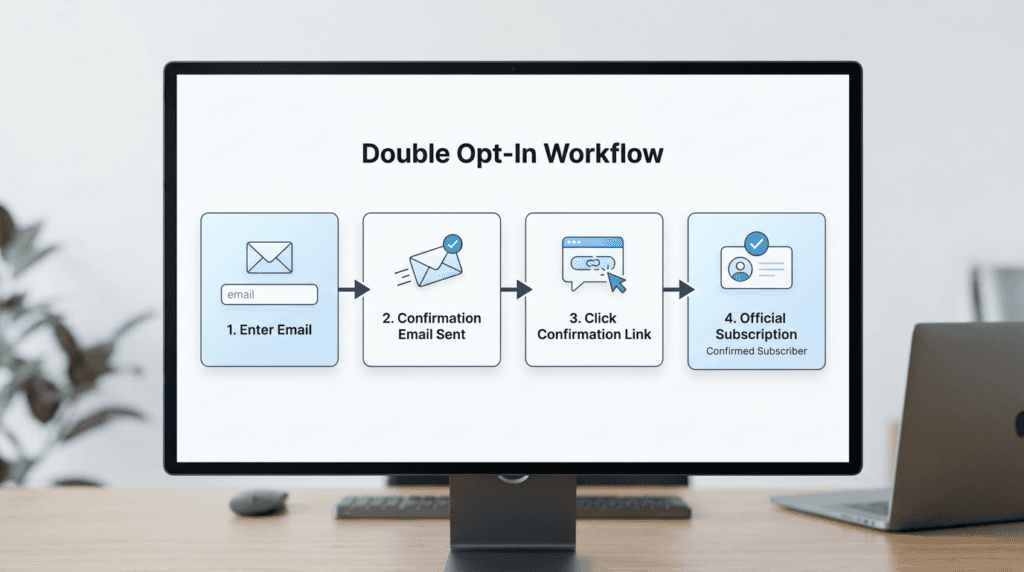 Workflow diagram explaining the double opt-in process for email subscriptions.