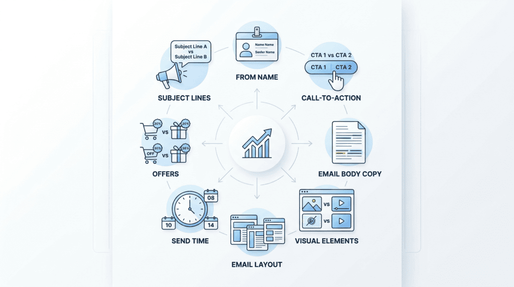 Infographic showing 8 impactful variables for A/B testing emails.