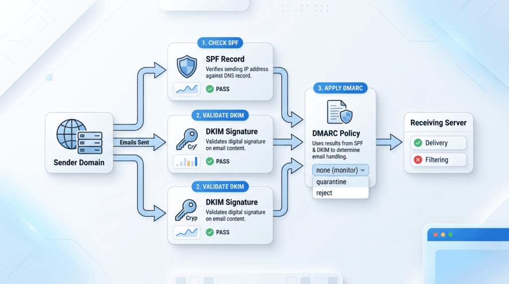 Workflow diagram explaining SPF, DKIM, and DMARC email authentication protocols.