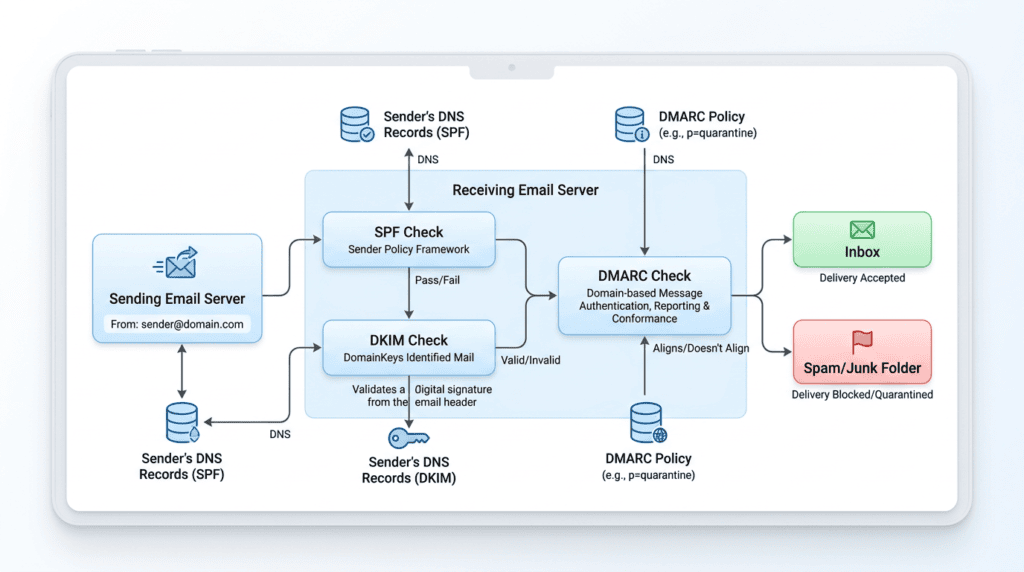 Process diagram illustrating SPF, DKIM, and DMARC email authentication protocols for improved deliverability.