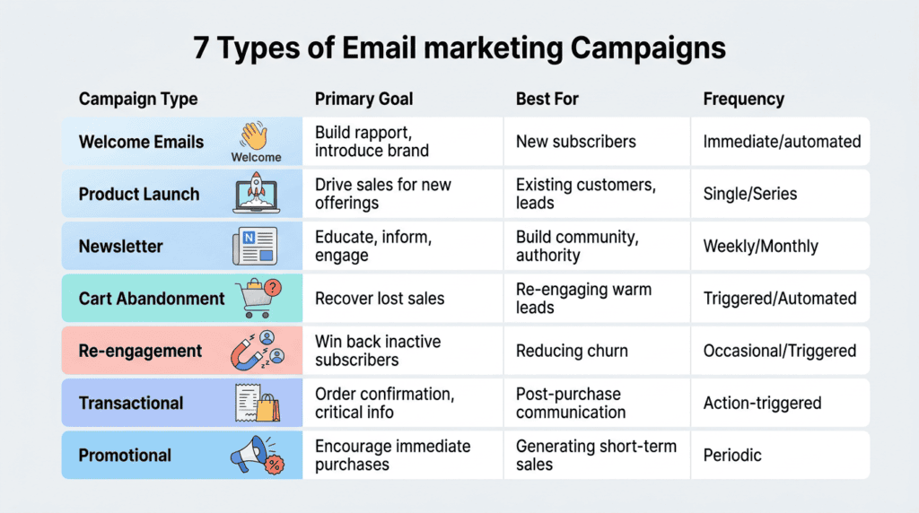 Infographic comparing 7 essential types of email marketing campaigns by goal and frequency.