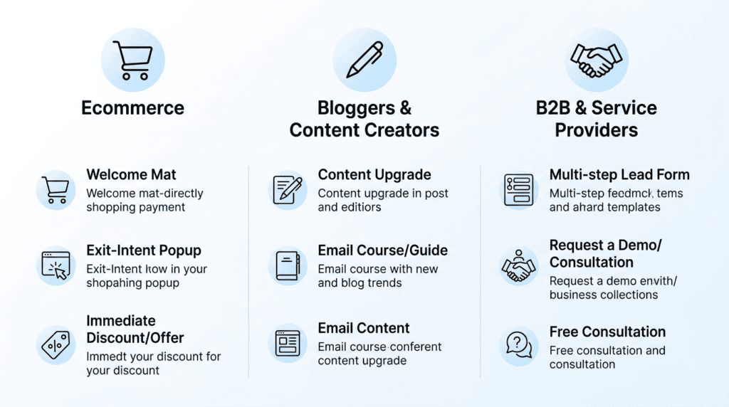 Comparison infographic of email capture methods for ecommerce, bloggers, and B2B businesses.