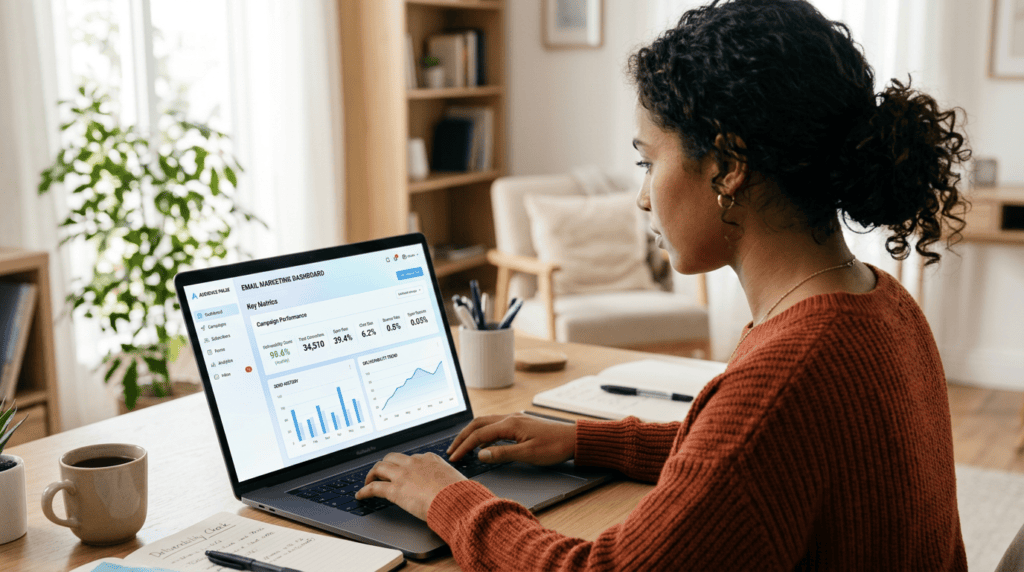 Content creator analyzing email deliverability guide dashboard on laptop, focusing on inbox placement metrics.