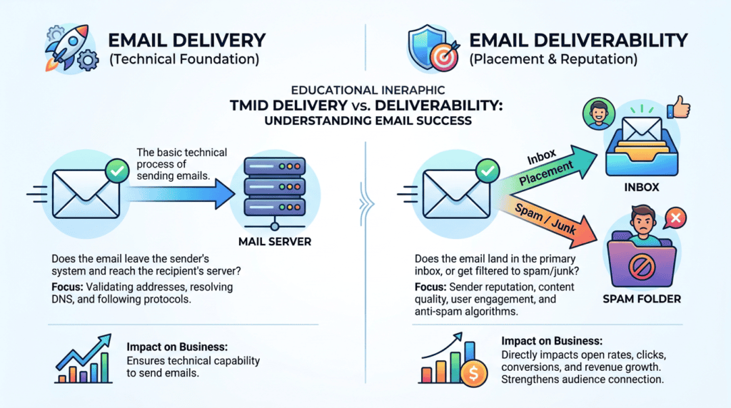 Infographic explaining the critical difference between email delivery and email deliverability for content creators.