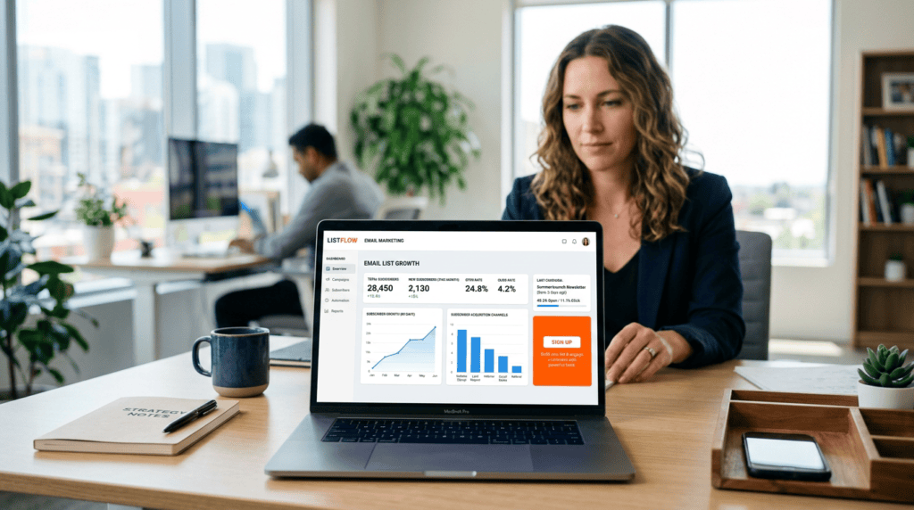 Professional workspace with laptop showing an email marketing dashboard for how to build an email list
